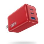 130W USB C Wall Charger,GaN III 3-Port Fast Charging Station,PD QC Foldable Charger Block Portable 65W Laptop Adapter for MacBook Pro/Air,iPad Pro,Galaxy S23,Dell XPS 13,iPhone 15/Pro etc-Red