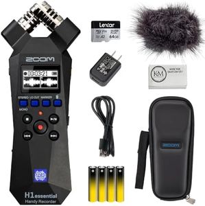 Zoom H1essential 2-Track 32-Bit Float Portable Audio Recorder with APH-1e Accessory Pack (Furry Windscreen, AD-17 Adapter, USB-C Cable & Padded Case) + 64GB Micro SD + AAA Batteries + Microfiber Cloth