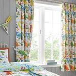 Happy Linen Company Girls Boys Kids Cute Dinky Dinosaurs White 66" x 54" Ring Track Pole Fully Lined Thermal Blackout Pencil Pleat Curtain Set