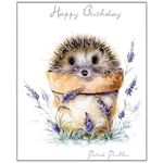 Noel Tatt Artistic Open 'Happy Birthday' Greeting Card - 'Potted Prickles' Hedgehog in Flower Pot Illustration - With A Silver Foil Finish - From The Pawfolio Range