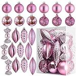 Prextex Christmas Tree Ornaments - Pink Christmas Ball Ornaments Set for Christmas, Holiday, Wreath & Party Decorations (24 pcs - Small, Medium, Large) Shatterproof