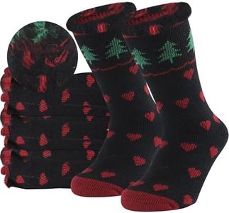 Sunew Indoor Thermal Socks, Women Warm Thick Heavy Duty Insulated Heated Socks for Winter, Cold Weather, Hiking, Skiing,Sleeping 4 Pair Medium Black Heart Christmas Tree