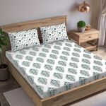 Trance Home Linen 100% Cotton 78"x60" Standard Queen Size Elastic Fitted Bedsheet | Printed Queen Bed Size Elasticated Fitted Bedspread with 2 Pillow Covers (Queen 78x60 inch, Madhuban Green)