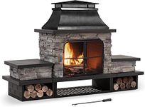 Sunjoy Outdoor Fireplace, Patio Wood Burning Fireplace with Steel Chimney, Mesh Spark Screen Doors, Fire Poker, and Removable Grate, Black