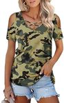 Amoretu Womens Summer Shirts 3/4 Long Sleeve V Neck Criss Cross Cold Shoulder Tops Blouse, Green Printed Camouflage, Medium