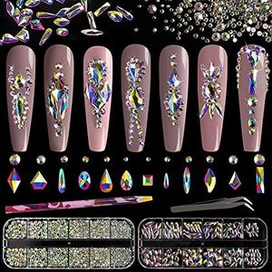 Multi Shapes 3D Glass AB Crystal Nail Art Rhinestones Kit with Flatback Round Bead Charm Gem Stone Jewelry Diamond with Pickup Pen + Tweezer for Manicure Craft Decoration by BELLEBOOST (Iridescent)