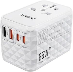 LENCENT 65W Universal Travel Adapter, Outlet Adapter with 2 USB-A & 2 USB-C, Fast Changing for Mobile Phone, Laptops, International Travel Plug Adaptor for UK, EU, AU, US, White