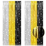 PIGETALE 2Pack 3.2Ft x 8.2Ft Black Gold Silver Fringe Curtain Backdrop, Metallic Tinsel Foil Fringe Curtains Streamers Backdrop for Wedding Baby Shower Party Bridal Bachelorette New Year’s Decorations