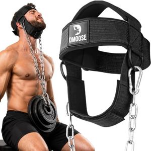 DMoose Fitness Neck Harness for Weight Lifting - Soft Padded Head & Chin Strap with 30" Heavy Duty Steel Chain - Neck Exerciser, Trainer & Strengthener to Support Injury Recovery (Black)