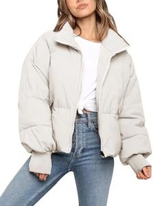 Flygo Winter Coats for Women Cropped Puffer Jacket Stand Collar Zip Warm Short Bubble Coat(Beige-S)