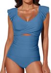 Aleumdr Women Tummy Control Tankini Bathing Suit V Neck Swim Suit for Women 2024 Adjustable Straps Slimming Tankini Top with Bikini Briefs Sporty Swimwear Blue XX-Large