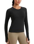 CRZ YOGA Women's Sports Long Sleeve Shirts Ribbed Running Shirt with Thumb Hole Breathable Quick Dry Fitness Tops Black 12
