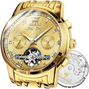 OLEVS Automatic Watch(No Battery Required) Men's Wrist Watches Self-Wind Mechanical Watches Fashion Classic Tourbillon Skeleton Watch Black Blue Green Face,Adjustable Bracelet (Gift Tool), Gold, ROUND