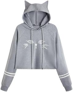 SweatyRocks Women's Long Sleeve Hoodie Crop Top Cat Print Pullover Sweatshirt Grey Color XL