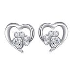 Dog Earrings 925 Sterling Silver Cute White Heart CZ Cat Puppy Dog Paw Print Stud Earrings Birthday Gift for Women Teen Girls (Nickel Free)