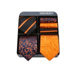 HISDERN Mens Ties Extra Long Tie and Pocket Square Set 63 Inch XL Tie Pack Collection Present Box Necktie Lot 3 PCS, Orange Paisley & Stripe, One Size