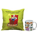 Indigifts Grandfather Birthday Gifts Hamper Love You Grandpa Quote Printed Green Poly Satin Cushion and Ceramic Coffee Mug, Grandfather Gift, Birthday Gift for Grandfather, Home Decor for Bedroom