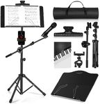 Music Stand, Vangoa Folding Sheet Music Stand with Detachable Microphone Stand & Phone Holder, Portable Lightweight with Music Sheet Clip Holder & Carrying Bag for Instrumental Performance