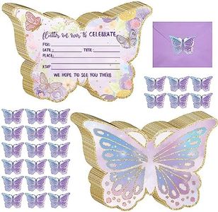 Hotop 24 Sets Mermaid Birthday Invitations with Envelopes and Mermaid Stickers Glitter Butterfly Invitations for Kids Birthday Party Baby Shower Mermaid Themed Party Supplies Pool Party (Butterfly)