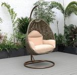 KLODOR Premium Single Seater Swing Chair with Stand & Cushion Outdoor Indoor Balcony Garden Patio,Powder Coated Frame,UV Protected Wicker,Premium Cushion (Brown + Beige)