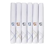 Caruso Italy Men's Initial Monogram U Embroidery Pure Cotton Formal Handkerchief White Base With Colored Border - Pack Of 6, free size