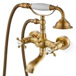 Airuida Antique Brass Wall Mount Bathtub Faucet with Handheld Shower Sprayer Wall Mount Only Tub Faucet Double Cross Handles Hot and Cold Water Mixer Tap Shower Vintage Style