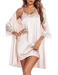 Ekouaer Sleepwear Women's Satin Nightgown with Robes Set 2 Piece Sexy Lace Cami Nightwear Bridal Robes Champagne M