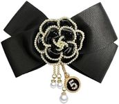 Camellia Flower Pre-Tied Big Bow Tassel Brooch Pin for Women Girls CZ Faux Pearl Lucky Number Five Chain Dangle Charm Fabric Pins Clip Lapel Bouquet Corsage Brooches Pins Elegant Jewelry Gifts for Sweater Dress Suit (Black)