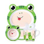 HS ENTERPRISE Bamboo Baby Tableware Set, Eco Friendly Bamboo Fiber Dinner Set for Weaning Toddlers/Kids, Set of Plate Bowl Cup Fork and Spoon/Baby Feeding Utensils for Kids (Frog)