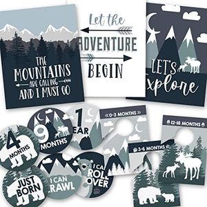 Hadley Designs - 6 Reversible Adventure Wall Decor Prints Nursery Decor, 20 Monthly Baby Milestone Stickers, 6 Baby Nursery Closet Organizer Dividers