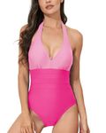 VECENEY Halter One Piece Bathing Suit for Women V Neck Swimsuits High Waisted Swimming Suits for Women Color Block Pink M