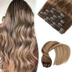 VINBAO Clip in Extensions Real Human Hair Balayage Chocolate Brown Mixed Caramel Blonde 20 Inch Clip in Hair Extensions 120g 6pcs Silky Straight Invisible Hair Clip in Extensions (#C4/27/4, 20'')