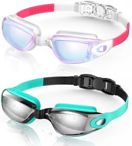 Aegend Swim Goggles, 2 Pack Swimming Goggles No Leaking Adult Men Women Youth, Raspberry-red White & Light-blue Silver