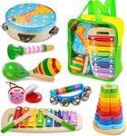 Kids Musical Instruments, 12pcs Wooden Musical Toys for Toddlers 2-4 with Xylophone Maracas Tambourine, Educational Baby Musical Toys for 2 3 4 5 Years Old Girls Boys