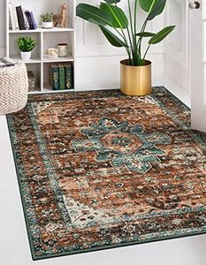 Moynesa Ultra-Thin Washable Vintage Area Rug - 5x7 Large Boho Non-Slip Rug for Bedroom Living Room Oriental Medallion Non-Shedding Print Floor Carpet for Dining Room Home, Brick Red/Dull Teal