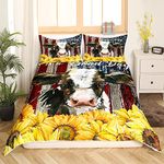 Cow Print Bedding Set Unique Exotic Wild Animal Cow Print Comforter Cover for Boys Teens Women Western Farmhouse Theme Duvet Cover Wooden Decor Nature Sunflower Bedding Collections, Twin Size