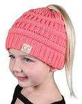 Funky Junque Kid's BeanieTail Children’s Ponytail Messy Bun Beanie Solid Ribbed Hat, Coral, One Size