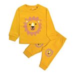 Real Basics Cotton Fleece Clothing Sets For Boys & Girls - Unisex Winter Clothing Sets Full Sleeve Long Sleeve Pajama T-Shirt & Pant -Size(9-12 Months) -Style(Mustard Lion)