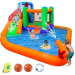 BESTPARTY Inflatable Water Slide,Spin Combo Bouncy Castle,Water Slide with Splash Park and Climbing Wall,Inflatable Water Park with Basketball Rim and Water cannon,Blower Included