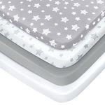 Mini Crib Sheets, 4 Pack Fitted Pack n Play Sheets for Baby Boys and Girls , Stretchy Mini Crib Sheets 39"X27"X 5" , Soft and Breathable Material, Grey & White