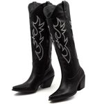 MISSMILLER Women's Embroidered Wide Calf Weatern Cowgril High Knee Boots Pull On Pointed Toe Cowboy Tall Boots for Ladies, Black, 5 UK