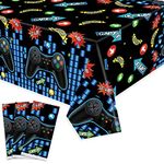 3 Pieces Video Game Tablecloth Gamer Tablecloth Blue Video Game Party Tablecloth Gaming Decorations Supplies for Boys Game Theme Party Plastic Table Cover Decoration 108''x 54''