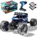 1:10 Big Amphibious RC Truck, IPX6 Waterproof 30 Km/h 4x4 Off-Road RC Rock Crawler, RC Monster Truck with Al alloy shell & LED Light, 2.4GHz All Terrain RC Cars with 2 Batteries 100Mins Play (Blue)