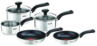 Tefal Comfort Max, Pan Set, 14cm Milkpan, 16cm and 18cm Saucepans with Lids, 20cm and 24cm Frying Pans, Induction Compatible, Stainless Steel, G972S544, Silver