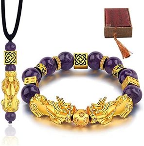 Feng Shui Bracelets- Pi Xiu Good Luck Bracelets Necklace Set，Christmas Birthday Gifts for Women Men, 12mm Money Wealth Success Bracelet (Amethyst Necklace Set)