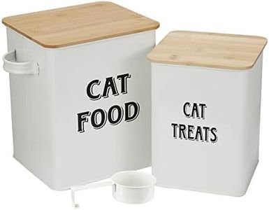 Cat Food and Treats Containers Set with Scoop for Cats or Dogs -Tight Fitting Wood Lids - Coated Carbon Steel - Storage Canister Tins-Cat-White