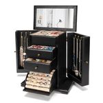 Emfogo Jewelry Box for Women, Rustic Wooden Jewelry Boxes & Organizers with Mirror, 4 Layer Jewelry Organizer Box Display for Rings Earrings Necklaces Bracelets (Black)