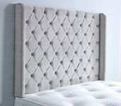 Chesterfield Winged Handmade Headboard Divan Bed Bedroom Decor Hotel Furniture Plush Velvet (Silver, 5ft Kingsize)