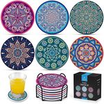 Zulay Kitchen Set Of 6 Mandala Coasters For Drinks Absorbent Ceramic Stone - Drink Coasters For Coffee Table & Countertop - Coaster Set With Holder & Cork Base For Home Decor, House Warming & More