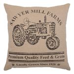 VHC Brands Farmhouse Bedding Sawyer Mill Tractor Cotton Stenciled Chambray Graphic/Print Square Cover Insert Pillow, Charcoal Khaki Tan